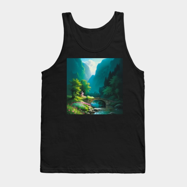 Idyllic Bridge Scenery in a Quaint Canyon Meadow Tank Top by CursedContent